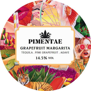 Pimentae Grapefruit Margarita cocktail keg, 20L Keykeg, showing a vibrant pink grapefruit margarita in a clear glass with lime.